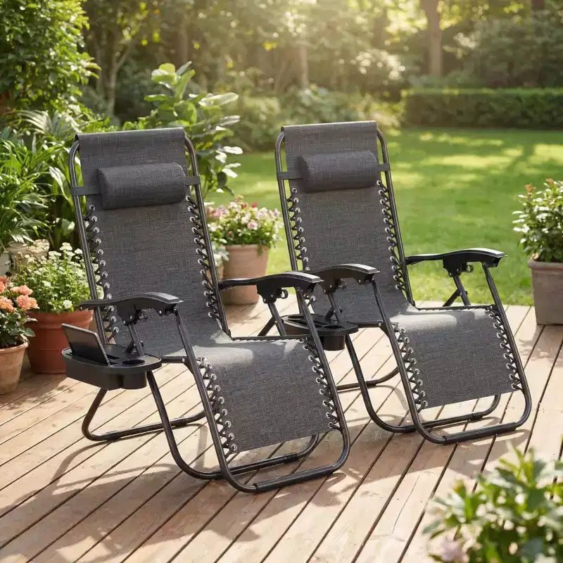 CuisinSmart Zero-Gravity Chairs Set of 2. Adjustable Reclining Patio Chairs with Pillow&Cup Holder Tray. Folding Portable Antigravity Chairs