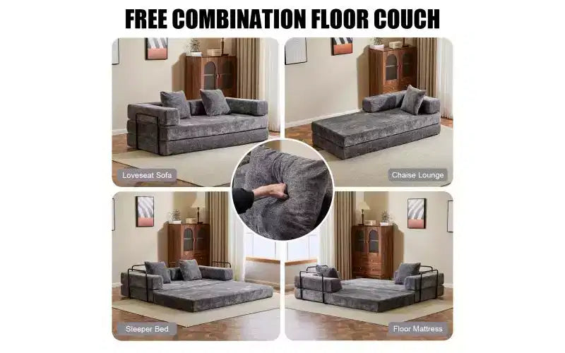 MooxvMoo Floor Sofa Bed Convertible, Corduroy Futon Couch with Pillow, Sleeper for Living Room Bedroom, Grey