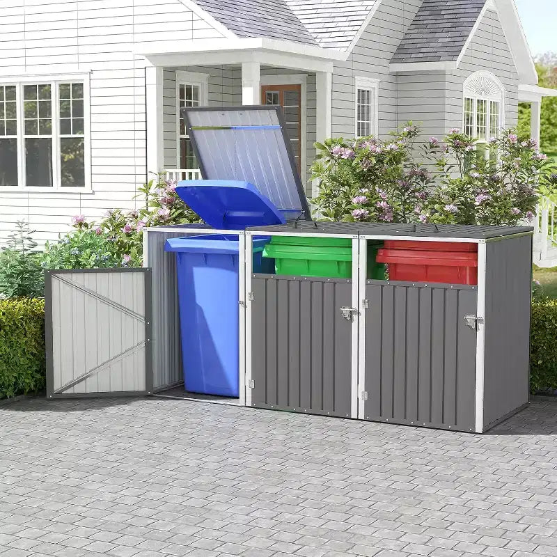 Zevemomo Outdoor Metal Light Gray Garbage Can Sheds for 3 Trash Bins Pneumatic Support Rod, Lockable Doors, Lid Chain for Patio, Garden, Backyard