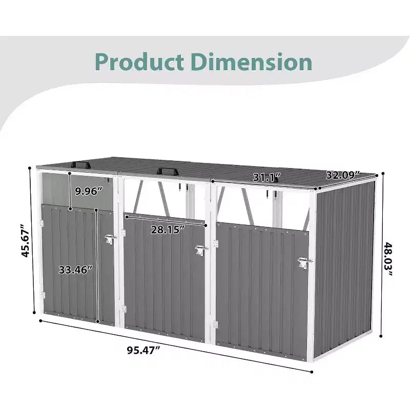 Zevemomo Outdoor Metal Light Gray Garbage Can Sheds for 3 Trash Bins Pneumatic Support Rod, Lockable Doors, Lid Chain for Patio, Garden, Backyard