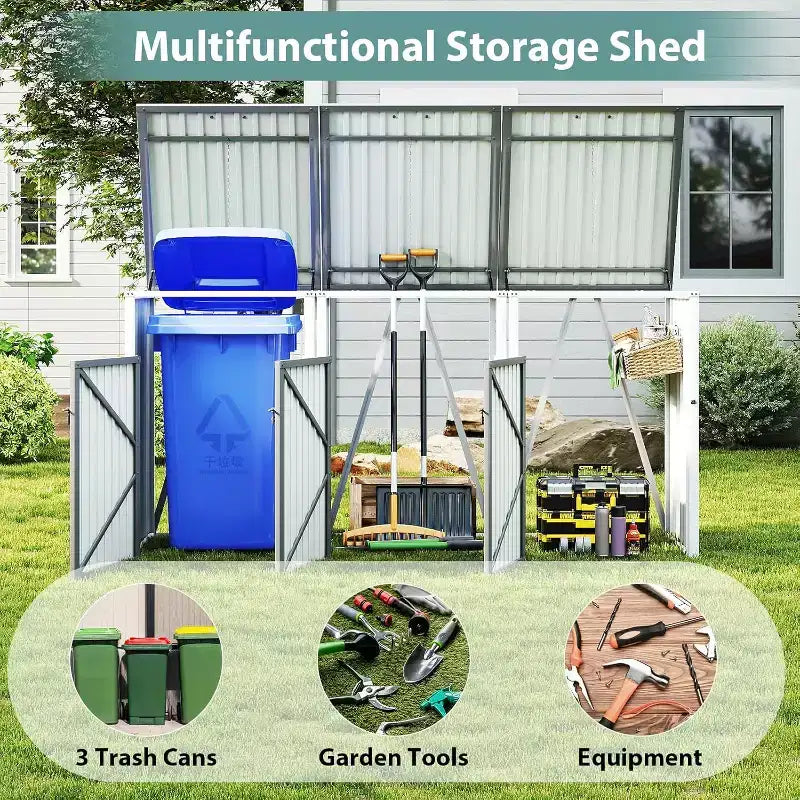 Zevemomo Outdoor Metal Light Gray Garbage Can Sheds for 3 Trash Bins Pneumatic Support Rod, Lockable Doors, Lid Chain for Patio, Garden, Backyard