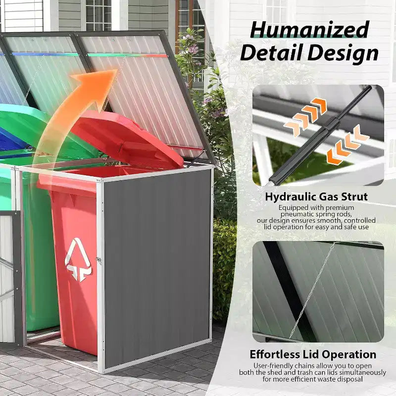 Zevemomo Outdoor Metal Light Gray Garbage Can Sheds for 3 Trash Bins Pneumatic Support Rod, Lockable Doors, Lid Chain for Patio, Garden, Backyard