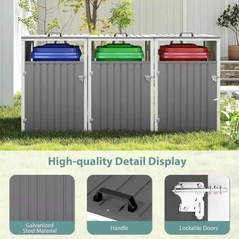 Zevemomo Outdoor Metal Light Gray Garbage Can Sheds for 3 Trash Bins Pneumatic Support Rod, Lockable Doors, Lid Chain for Patio, Garden, Backyard