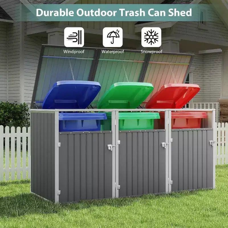 Zevemomo Outdoor Metal Light Gray Garbage Can Sheds for 3 Trash Bins Pneumatic Support Rod, Lockable Doors, Lid Chain for Patio, Garden, Backyard