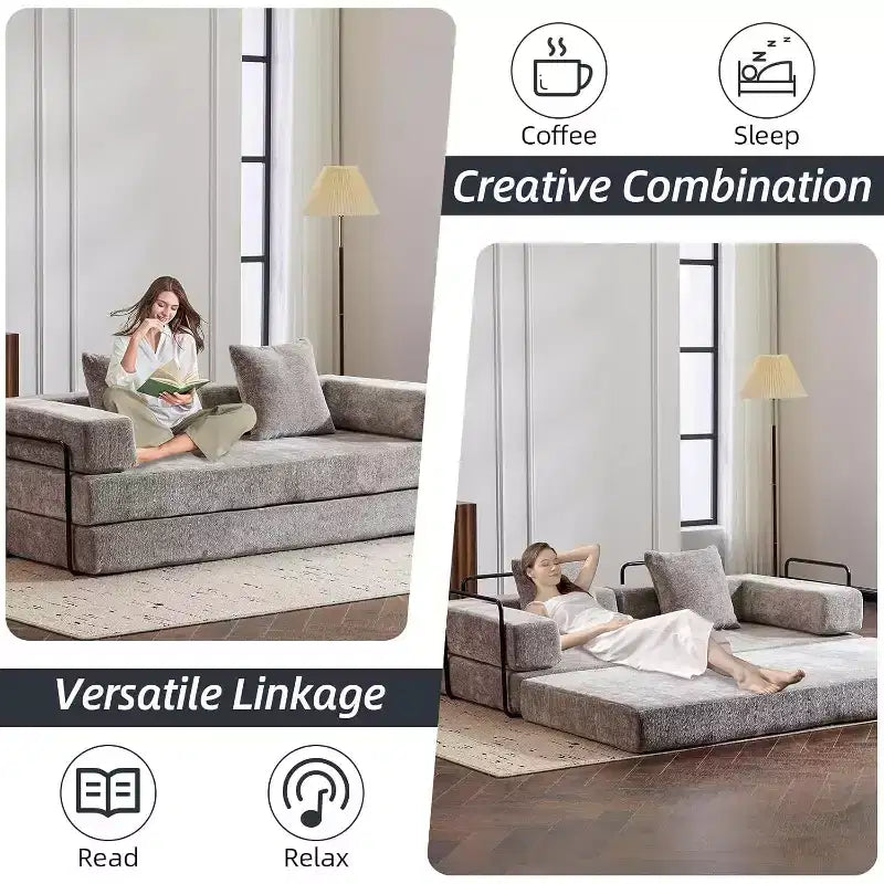 MooxvMoo Floor Sofa Bed Convertible, Corduroy Futon Couch with Pillow, Sleeper for Living Room Bedroom, Light Grey