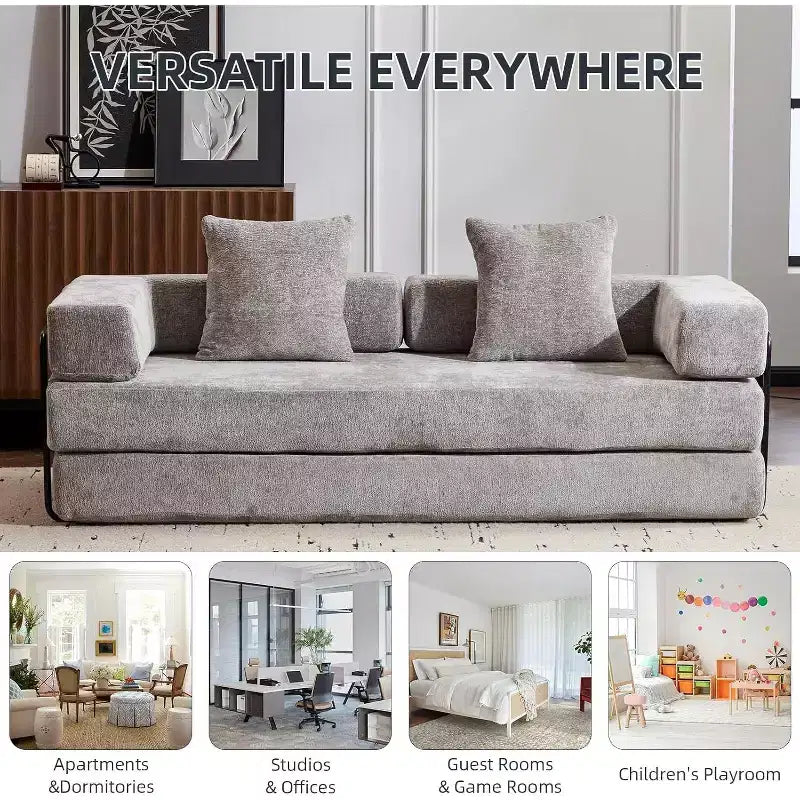 MooxvMoo Floor Sofa Bed Convertible, Corduroy Futon Couch with Pillow, Sleeper for Living Room Bedroom, Light Grey