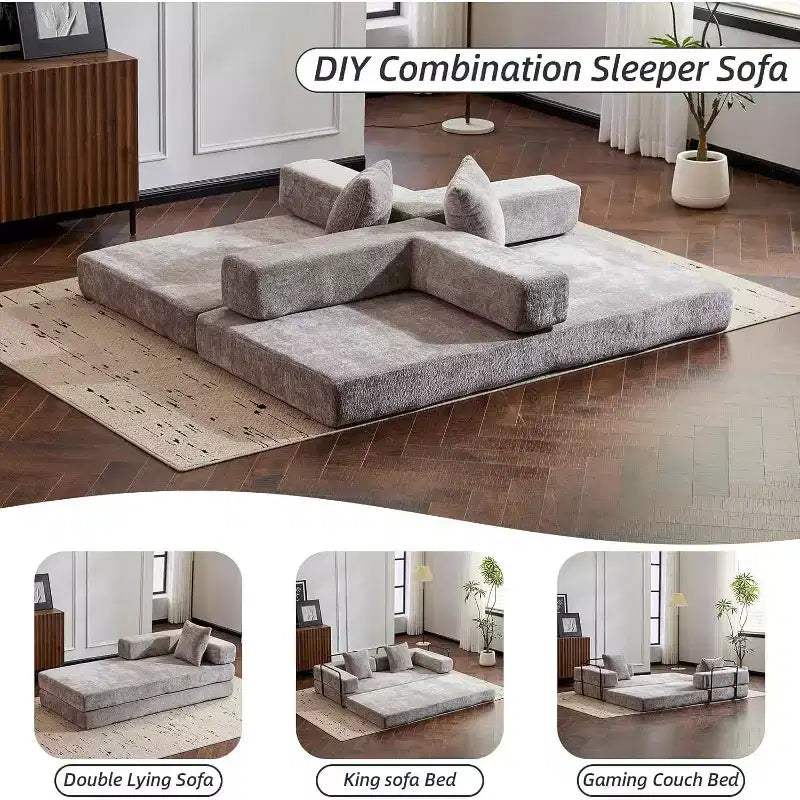 MooxvMoo Floor Sofa Bed Convertible, Corduroy Futon Couch with Pillow, Sleeper for Living Room Bedroom, Light Grey