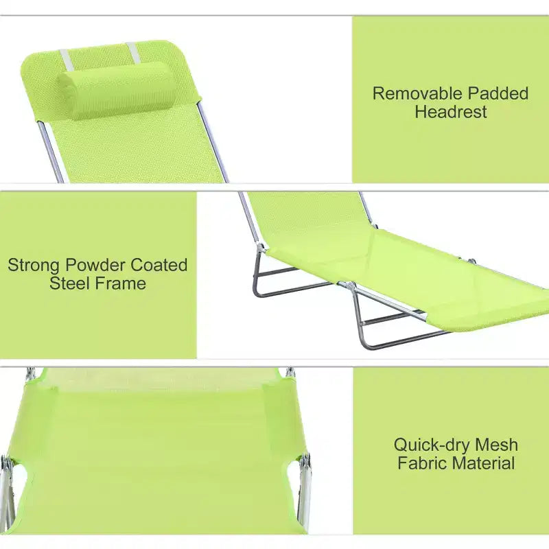 Folding Sun Lounger Chaise Lounge with Adjustable Backrest and Headrest for Pool and Beach