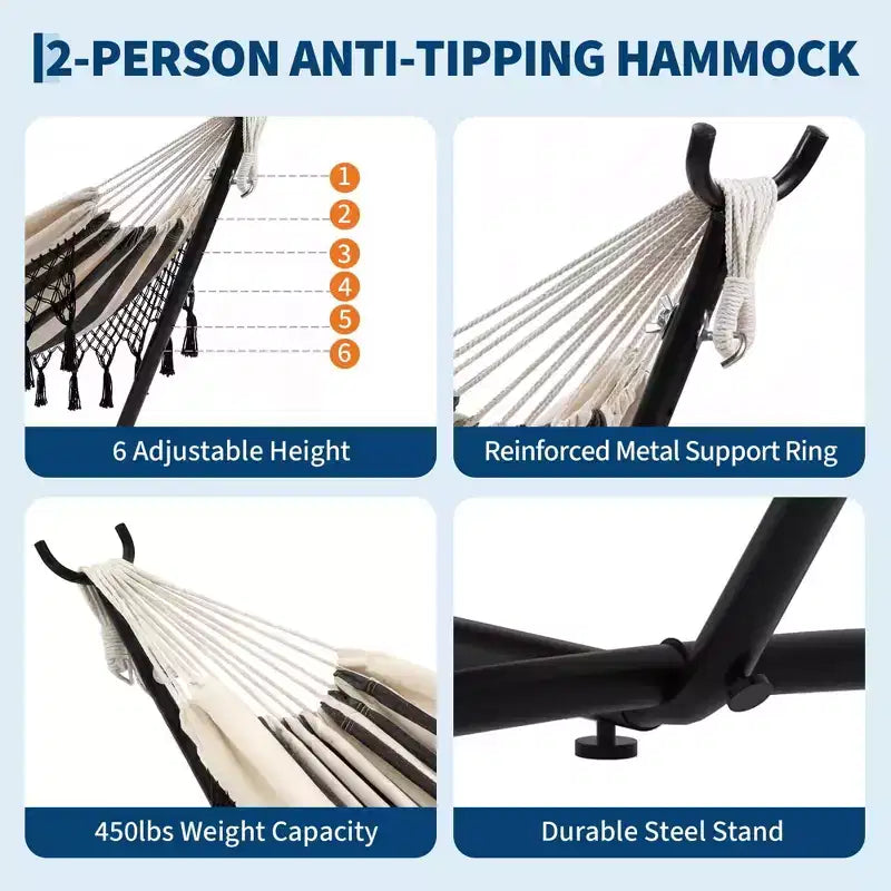 Double Hammock with Stand, 450Lbs Capacity Heavy Duty Steel Frame, 6 Adjustable Height Settings, 107.5x42.9 for Outdoor Patio, Pool, Backyard