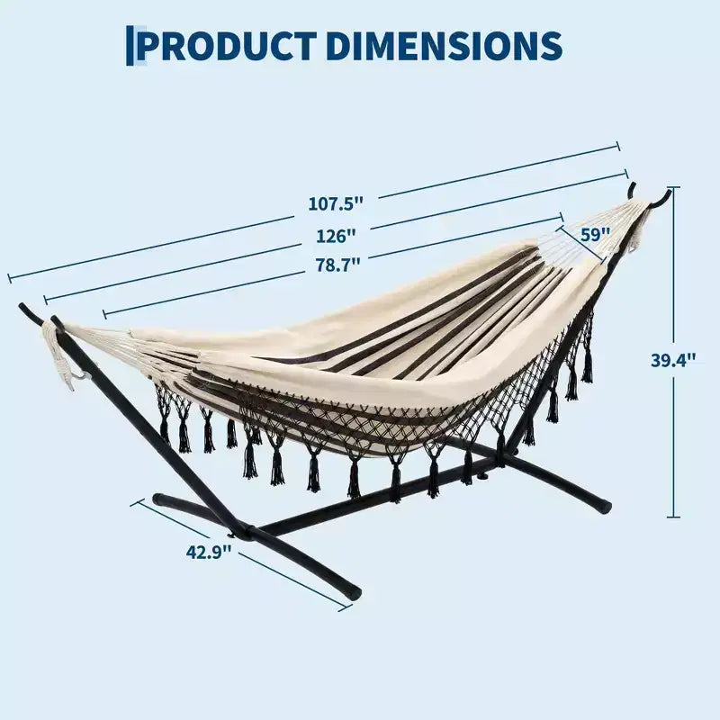 Double Hammock with Stand, 450Lbs Capacity Heavy Duty Steel Frame, 6 Adjustable Height Settings, 107.5x42.9 for Outdoor Patio, Pool, Backyard