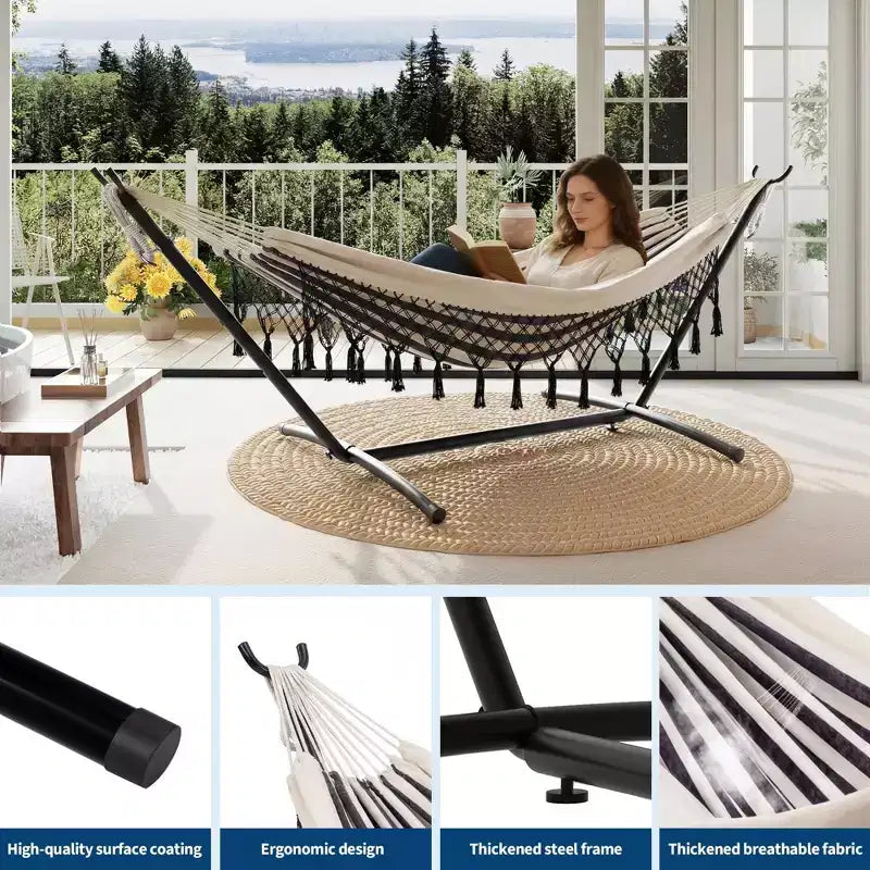 Double Hammock with Stand, 450Lbs Capacity Heavy Duty Steel Frame, 6 Adjustable Height Settings, 107.5x42.9 for Outdoor Patio, Pool, Backyard