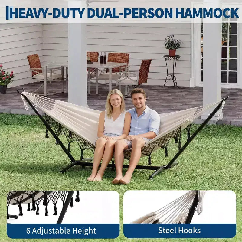Double Hammock with Stand, 450Lbs Capacity Heavy Duty Steel Frame, 6 Adjustable Height Settings, 107.5x42.9 for Outdoor Patio, Pool, Backyard
