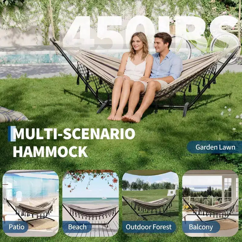 Double Hammock with Stand, 450Lbs Capacity Heavy Duty Steel Frame, 6 Adjustable Height Settings, 107.5x42.9 for Outdoor Patio, Pool, Backyard