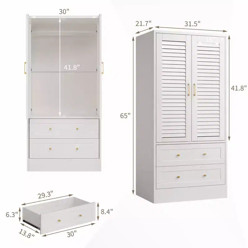 GustoWave 65 Louvered Armoire Wardrobe, Wood Closet with 2 Doors & 2 Drawers, Hanging Rod Storage for Bedroom