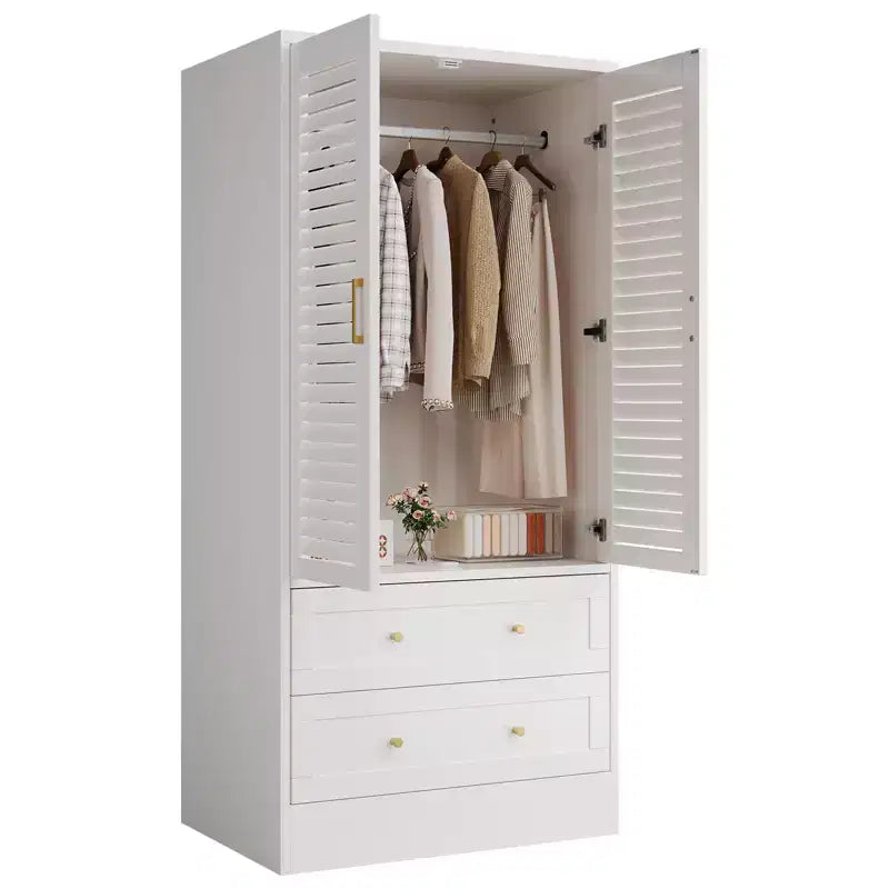 GustoWave 65 Louvered Armoire Wardrobe, Wood Closet with 2 Doors & 2 Drawers, Hanging Rod Storage for Bedroom