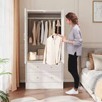 GustoWave 65 Louvered Armoire Wardrobe, Wood Closet with 2 Doors & 2 Drawers, Hanging Rod Storage for Bedroom