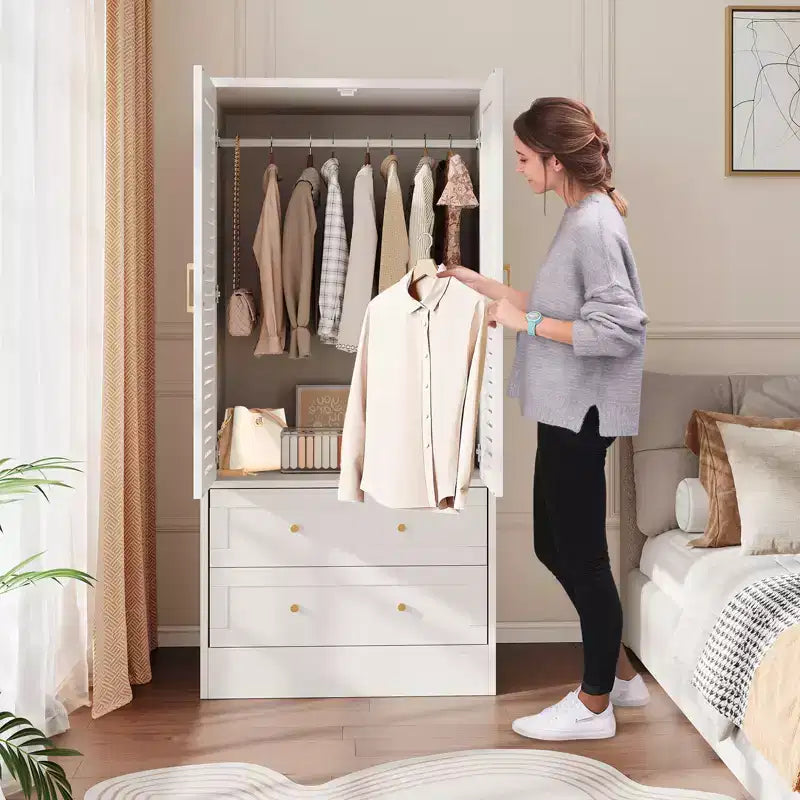 GustoWave 65 Louvered Armoire Wardrobe, Wood Closet with 2 Doors & 2 Drawers, Hanging Rod Storage for Bedroom