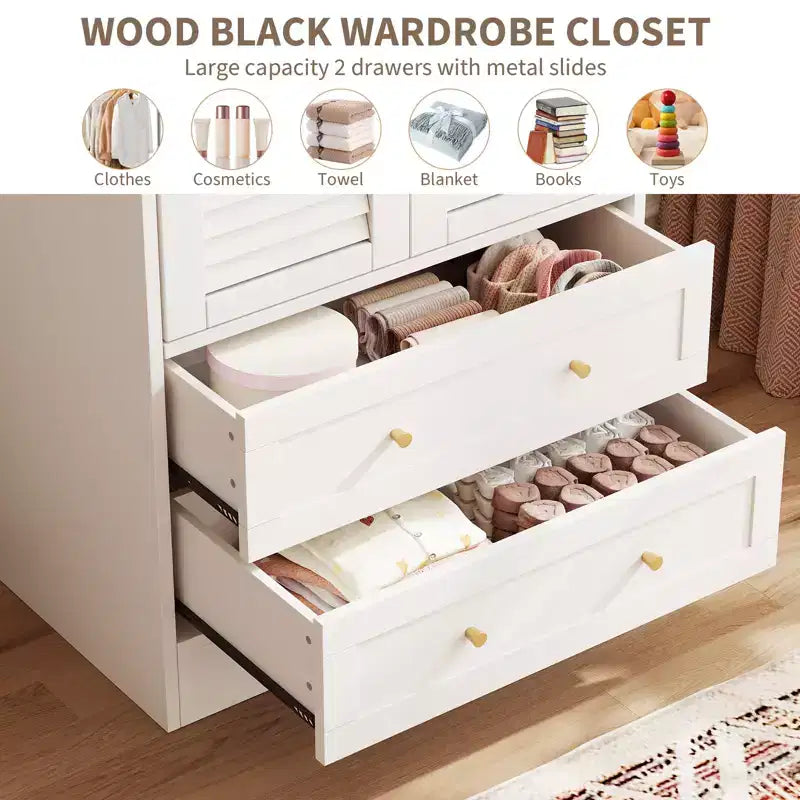 GustoWave 65 Louvered Armoire Wardrobe, Wood Closet with 2 Doors & 2 Drawers, Hanging Rod Storage for Bedroom