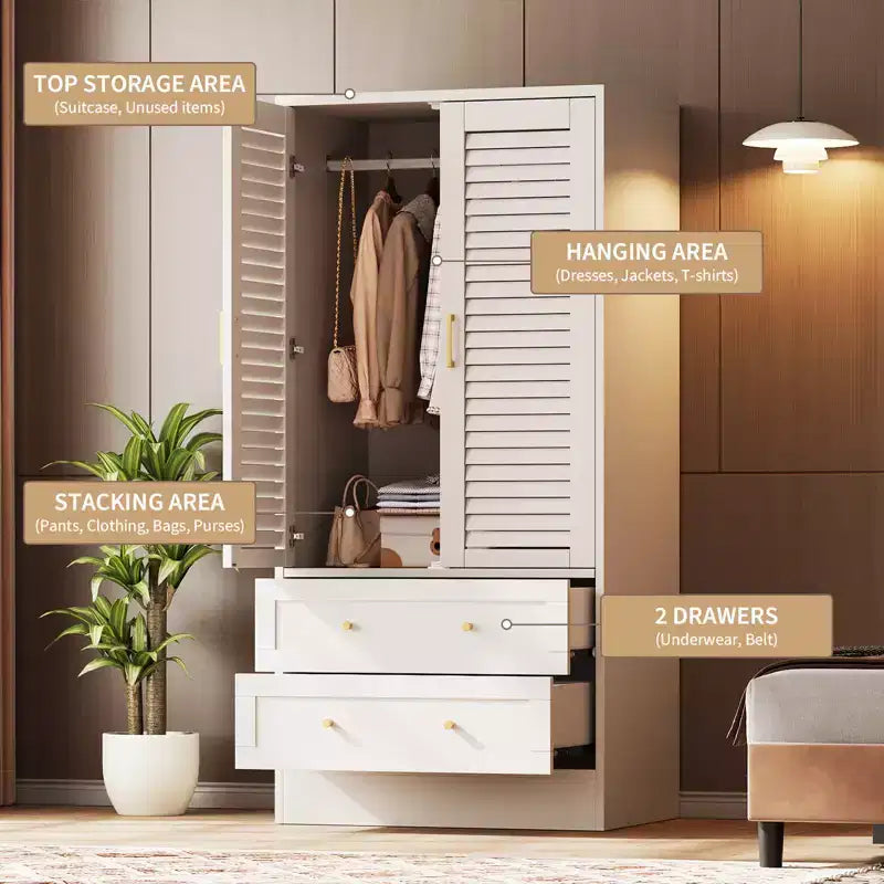 GustoWave 65 Louvered Armoire Wardrobe, Wood Closet with 2 Doors & 2 Drawers, Hanging Rod Storage for Bedroom