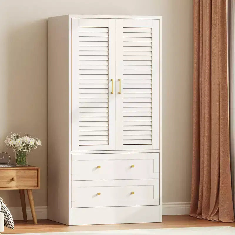 GustoWave 65 Louvered Armoire Wardrobe, Wood Closet with 2 Doors & 2 Drawers, Hanging Rod Storage for Bedroom