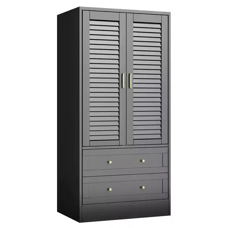 GustoWave 65 Louvered Armoire Wardrobe, Wood Closet with 2 Doors & 2 Drawers, Hanging Rod Storage for Bedroom