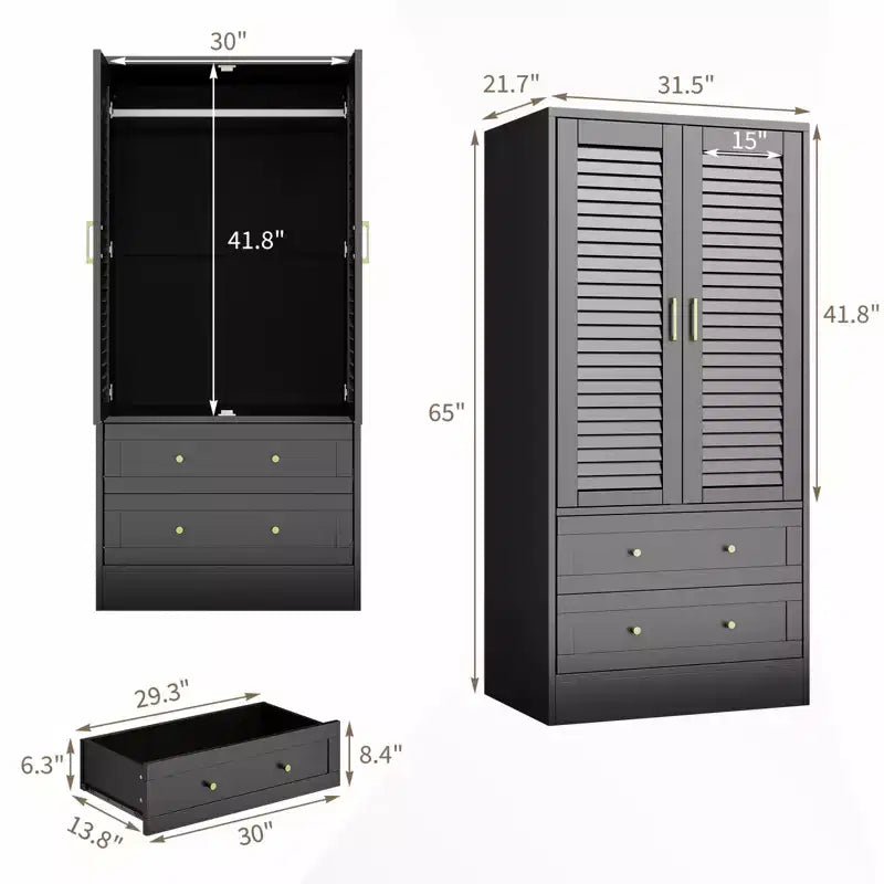 GustoWave 65 Louvered Armoire Wardrobe, Wood Closet with 2 Doors & 2 Drawers, Hanging Rod Storage for Bedroom