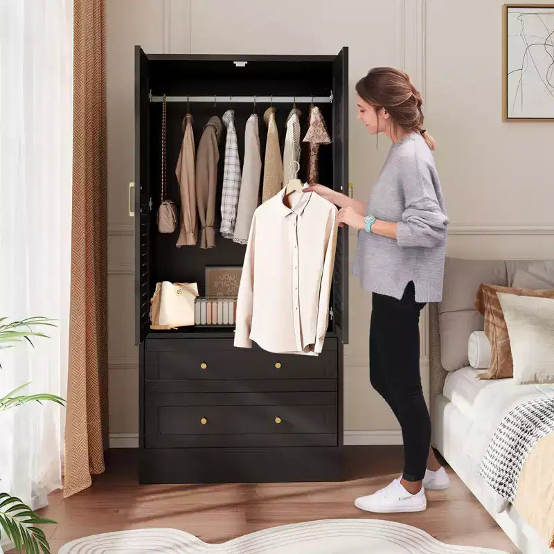 GustoWave 65 Louvered Armoire Wardrobe, Wood Closet with 2 Doors & 2 Drawers, Hanging Rod Storage for Bedroom
