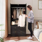 GustoWave 65 Louvered Armoire Wardrobe, Wood Closet with 2 Doors & 2 Drawers, Hanging Rod Storage for Bedroom