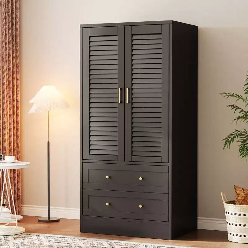 GustoWave 65 Louvered Armoire Wardrobe, Wood Closet with 2 Doors & 2 Drawers, Hanging Rod Storage for Bedroom