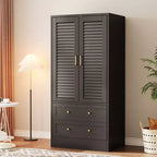 GustoWave 65 Louvered Armoire Wardrobe, Wood Closet with 2 Doors & 2 Drawers, Hanging Rod Storage for Bedroom