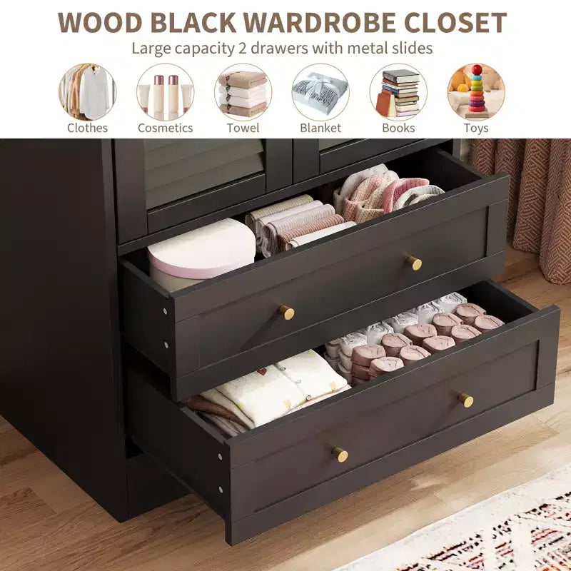 GustoWave 65 Louvered Armoire Wardrobe, Wood Closet with 2 Doors & 2 Drawers, Hanging Rod Storage for Bedroom