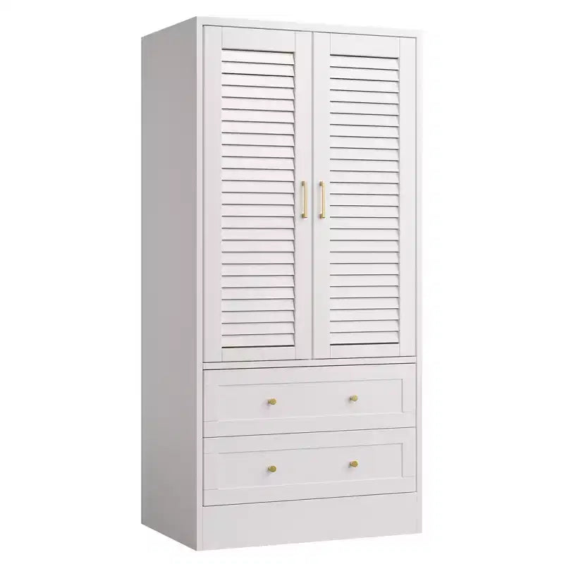 GustoWave 65 Louvered Armoire Wardrobe, Wood Closet with 2 Doors & 2 Drawers, Hanging Rod Storage for Bedroom