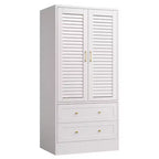 GustoWave 65 Louvered Armoire Wardrobe, Wood Closet with 2 Doors & 2 Drawers, Hanging Rod Storage for Bedroom