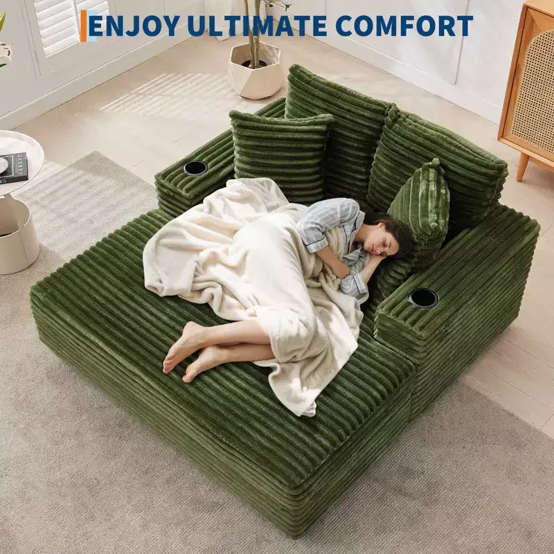 GustoWave 54 Corduroy Chaise Lounge Chair, Oversized Sleeper Sofa with Cup Holders & Pillows, Green Living Room Furniture