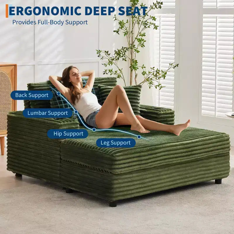 GustoWave 54 Corduroy Chaise Lounge Chair, Oversized Sleeper Sofa with Cup Holders & Pillows, Green Living Room Furniture