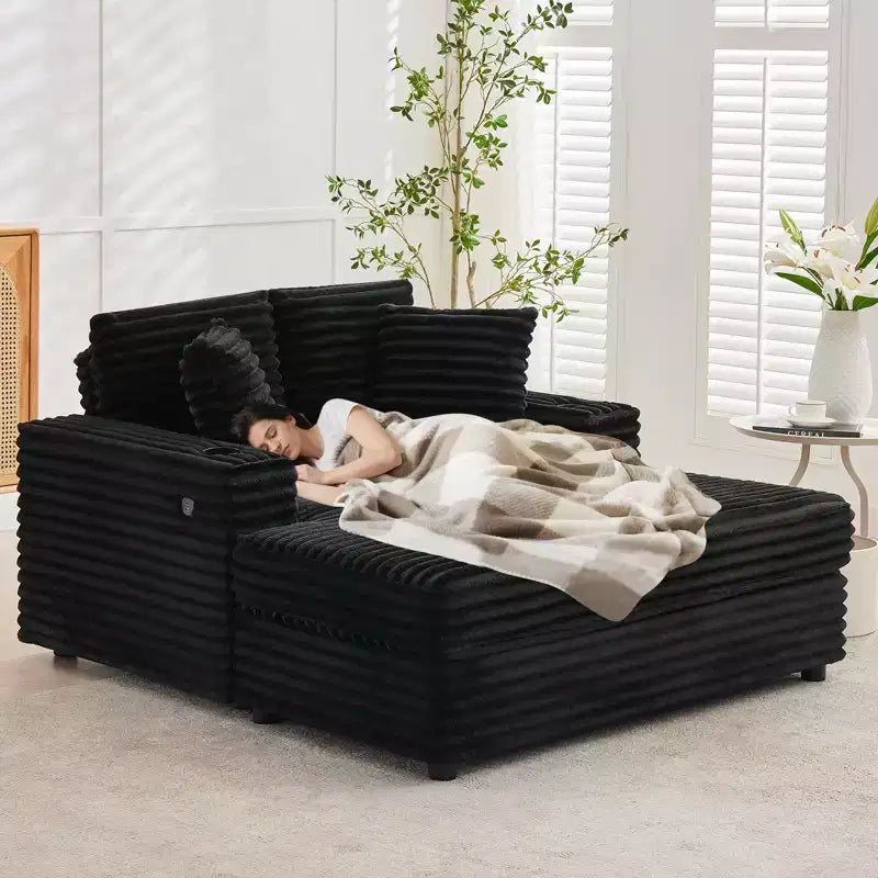 GustoWave 54 Corduroy Chaise Lounge Chair, Oversized Sleeper Sofa with Cup Holders & Pillows, Green Living Room Furniture