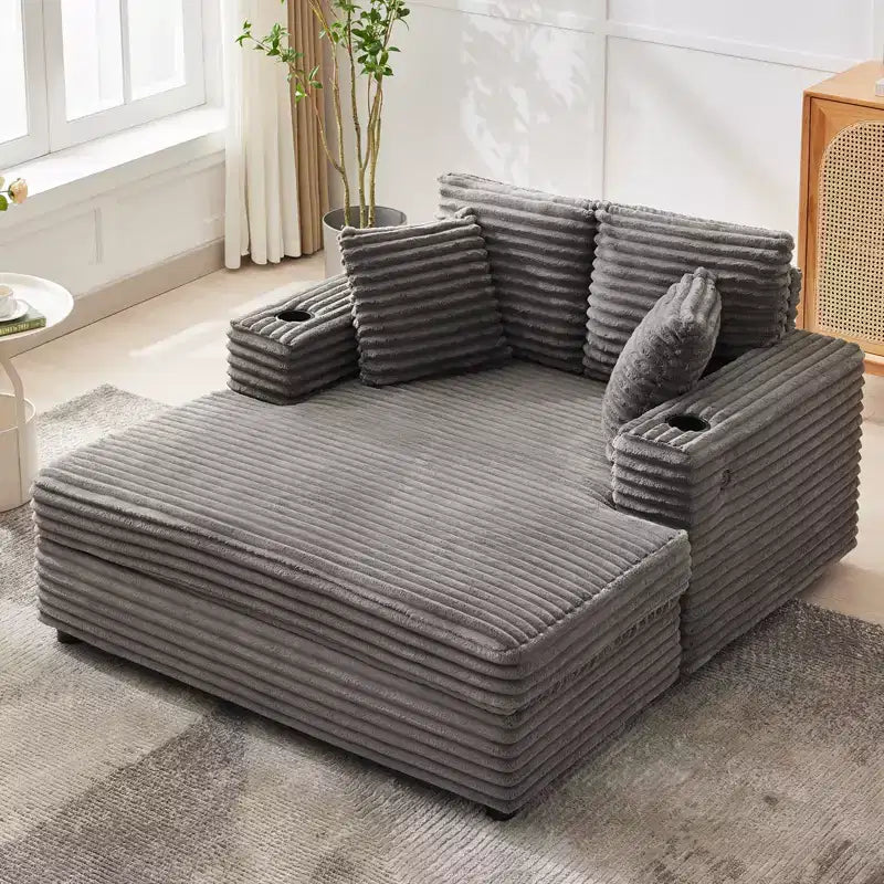 GustoWave 54 Corduroy Chaise Lounge Chair, Oversized Sleeper Sofa with Cup Holders & Pillows, Green Living Room Furniture