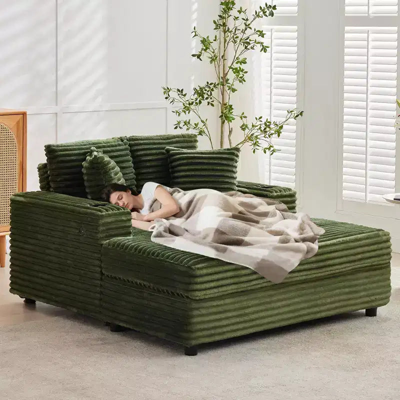 GustoWave 54 Corduroy Chaise Lounge Chair, Oversized Sleeper Sofa with Cup Holders & Pillows, Green Living Room Furniture