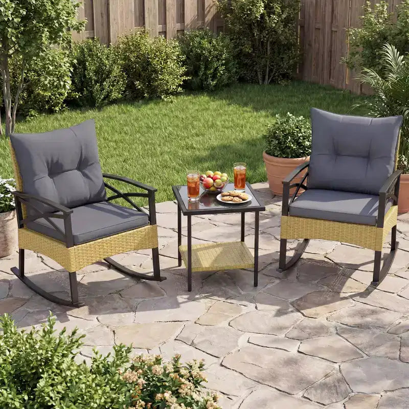 Gymax 3-Piece Patio Rocking Chair Set w/Tempered Glass Bistro Table