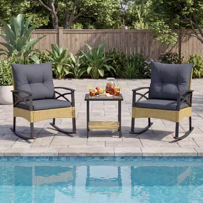 Gymax 3-Piece Patio Rocking Chair Set w/Tempered Glass Bistro Table