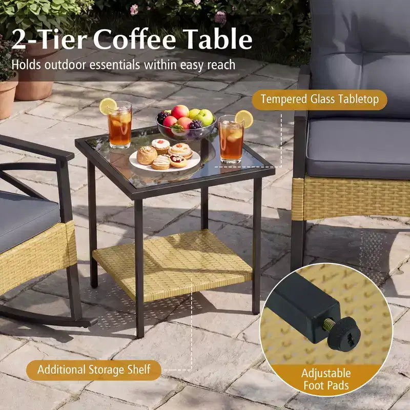 Gymax 3-Piece Patio Rocking Chair Set w/Tempered Glass Bistro Table