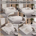 MooxvMoo 80 Convertible Couch Bed with 2 Pillows, 3 Seat Floor Sofa, King Size Sleeper, DIY Combination, Chenille, Beige White