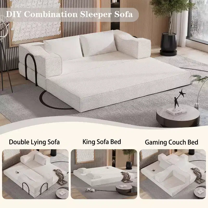 MooxvMoo 80 Convertible Couch Bed with 2 Pillows, 3 Seat Floor Sofa, King Size Sleeper, DIY Combination, Chenille, Beige White