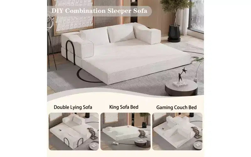 MooxvMoo 80 Convertible Couch Bed with 2 Pillows, 3 Seat Floor Sofa, King Size Sleeper, DIY Combination, Chenille, Beige White