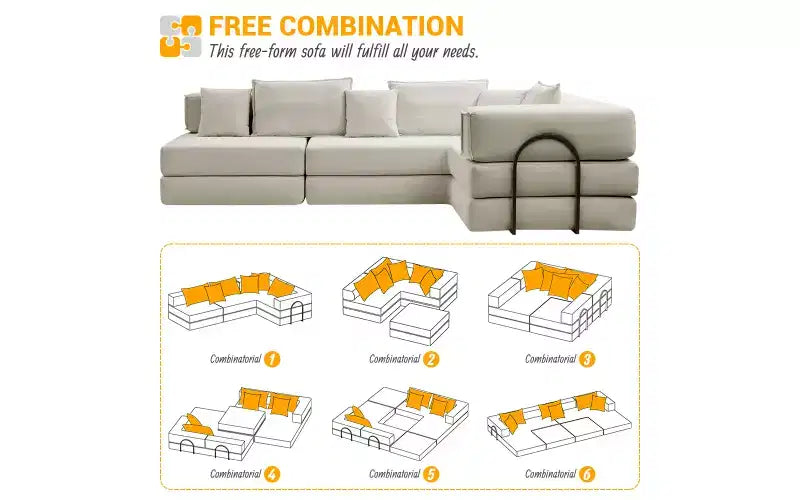 MooxvMoo 118.2 Modular L-Shaped Sectional Sofa Set, 118.2 Inch Oversized Couch with 6 Pillows, Upholstered Floor Sofa, Light Gray