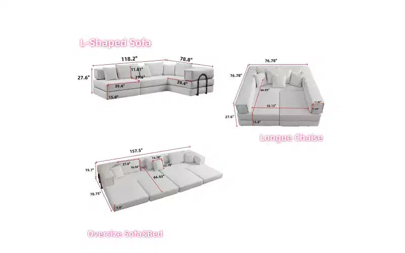 MooxvMoo 118.2 Modular L-Shaped Sectional Sofa Set, 118.2 Inch Oversized Couch with 6 Pillows, Upholstered Floor Sofa, Light Gray