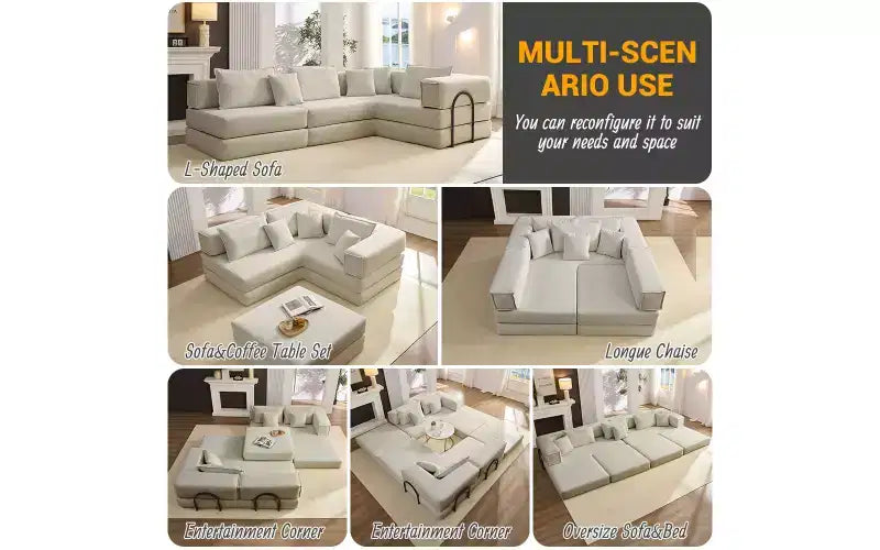MooxvMoo 118.2 Modular L-Shaped Sectional Sofa Set, 118.2 Inch Oversized Couch with 6 Pillows, Upholstered Floor Sofa, Light Gray