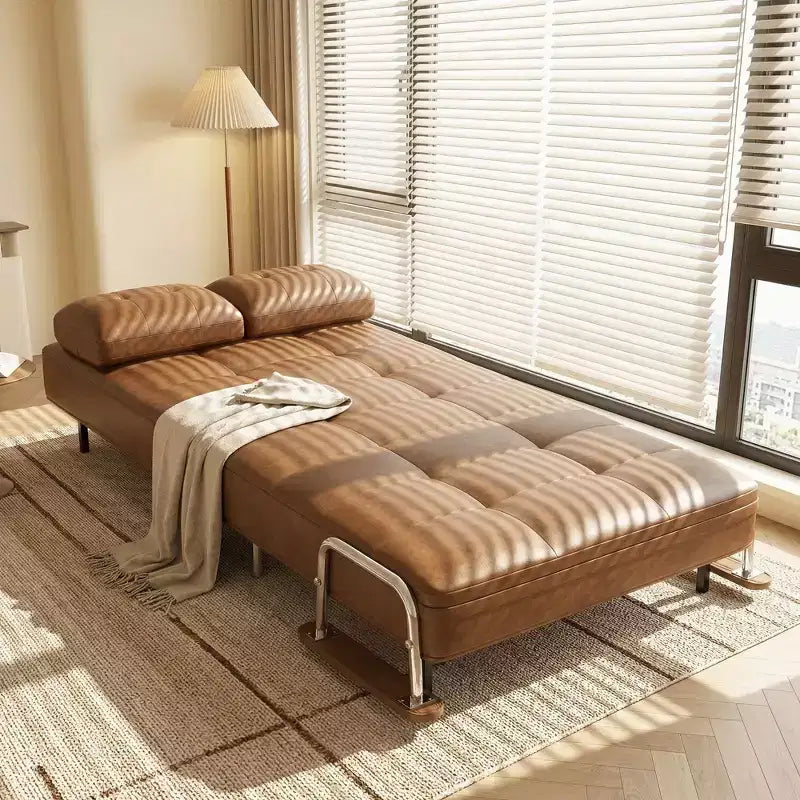 Modern Convertible Faux Leather Sleeper Sofa, Fold-Out Loveseat Bed with Wood Armrests Gaoyangjiaju