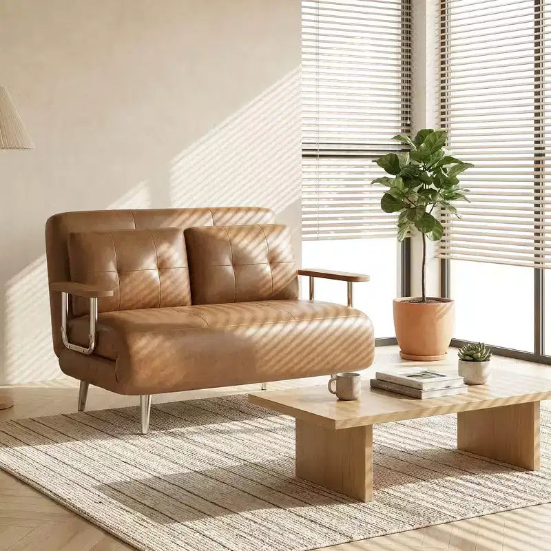 Modern Convertible Faux Leather Sleeper Sofa, Fold-Out Loveseat Bed with Wood Armrests Gaoyangjiaju