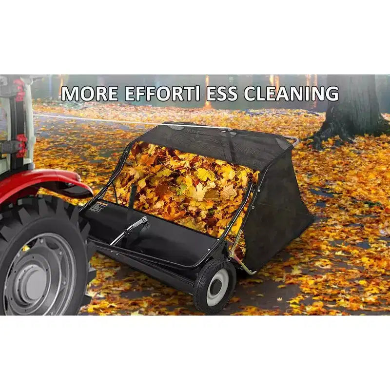 48 Black Tow Behind Lawn Sweeper  26 Cu. Ft Heavy Duty Leaf & Grass Collector for Tractors, Adjustable Height for Yard Cleanup